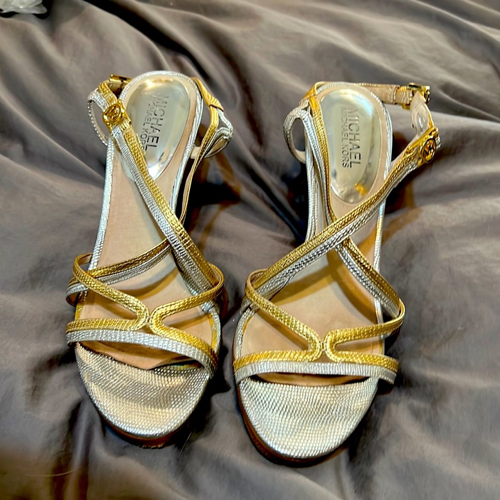 Michael Kors gold and silver heels. 7